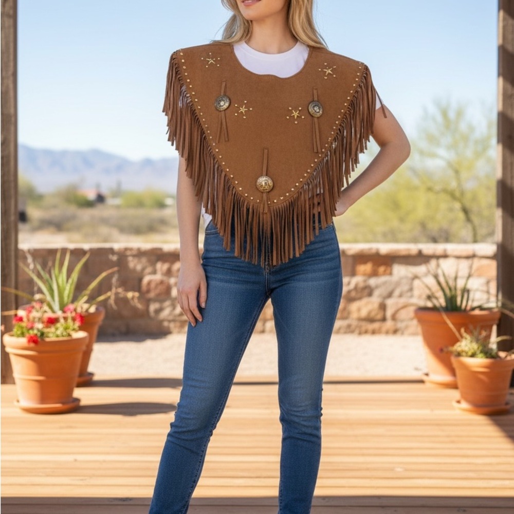 Women’s Western Style Faux Suede Leather Fringed Poncho Native American One Size
